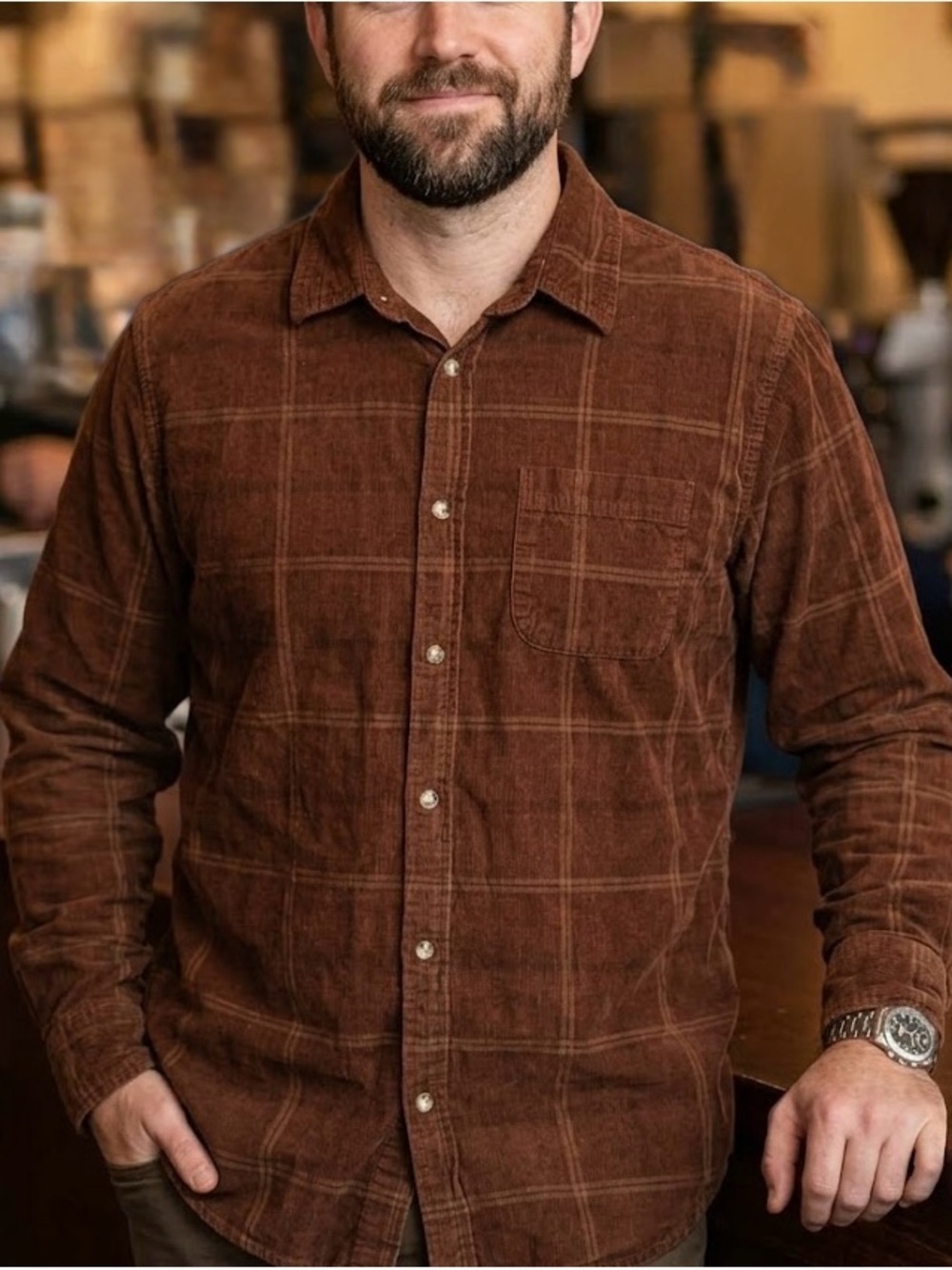 Mountain Ridge Plaid Corduroy Button Down Shirt Brown Earth Tones Rugged Rustic